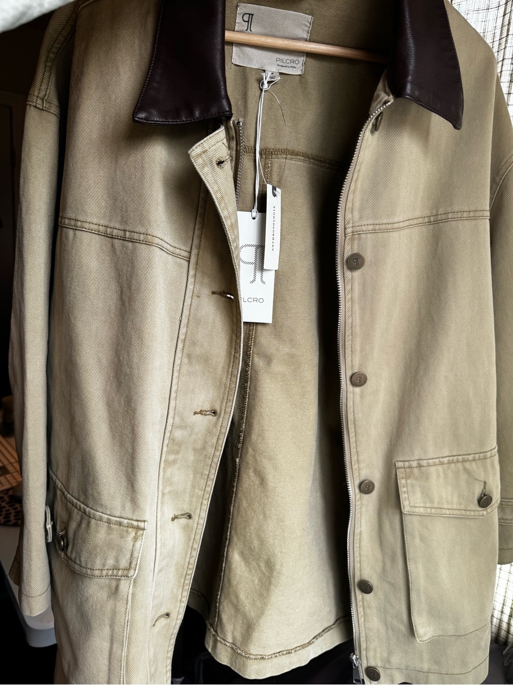 Pilcro Beige Utility Barn Jacket with Brown Faux-Leather Collar - Picture 6 of 6